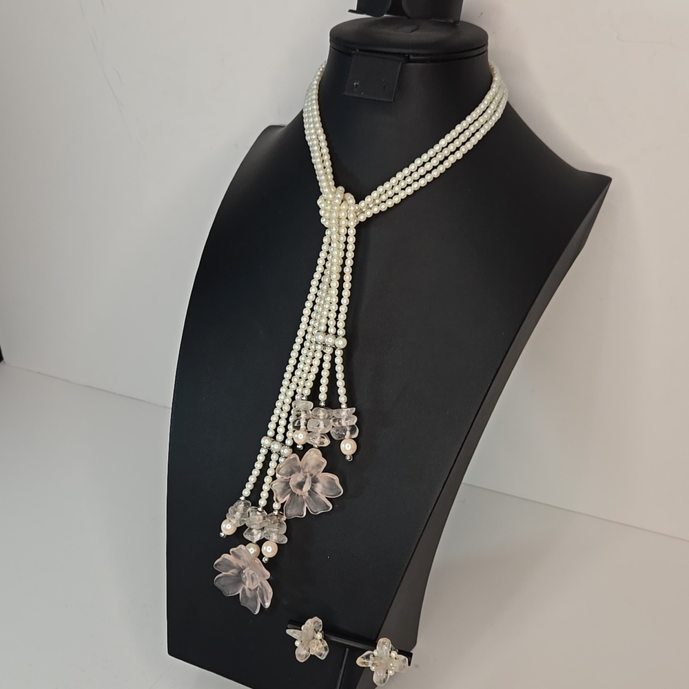 Classic Rose Quartz Stones Pearl Lariat Floral Necklace Earrings Triple Strand